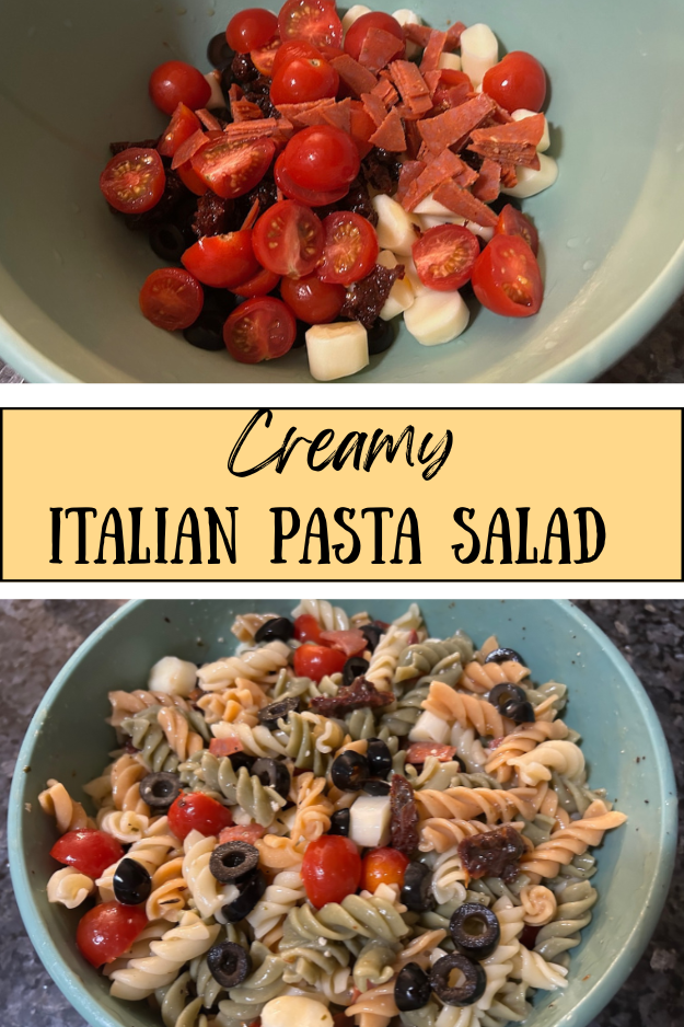 colorful pasta salad with rotini pasta and veggies, tossed in a bowl with dressing. Texas: Creamy Italian Pasta Salad (pin for pinterest)