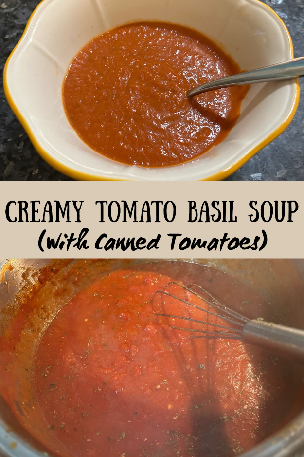 tomato basil soup in bowl; pinterest pin