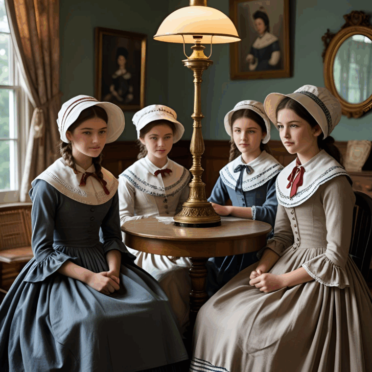 Four girls in bonnets at table — Four young women in long 19th-century dresses and bonnets sit around a small round table under a brass lamp.