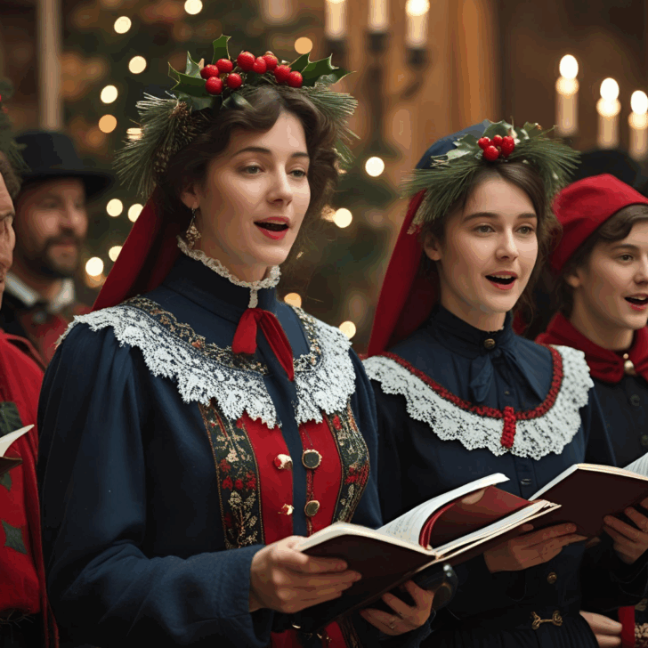 Victorian carol singers — A group of women in navy and red Victorian dresses with lace collars and holly wreath headpieces sing from songbooks against a backdrop of Christmas lights.