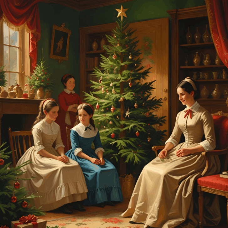 March sisters by Christmas tree — Four women in long dresses sit and stand near a decorated Christmas tree in a warmly lit parlor with green walls and red curtains.