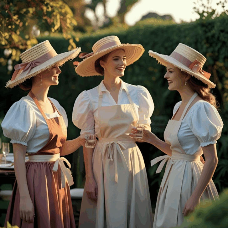 three women dressed in avonlea-style clothes, perfect for Anne of Green Gables party