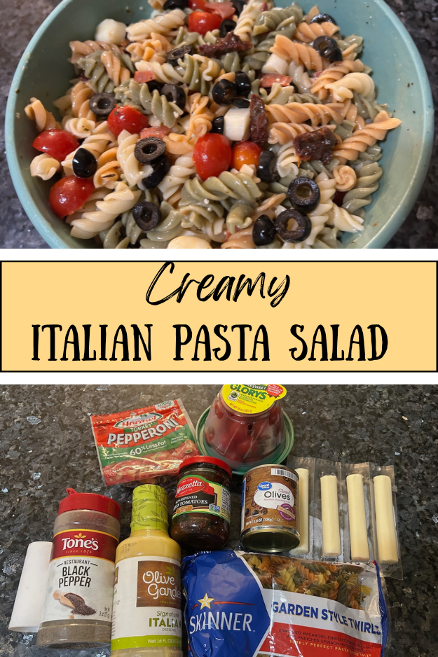 colorful pasta salad with rotini pasta and veggies, tossed in a bowl with dressing. Texas: Creamy Italian Pasta Salad (pin for pinterest)