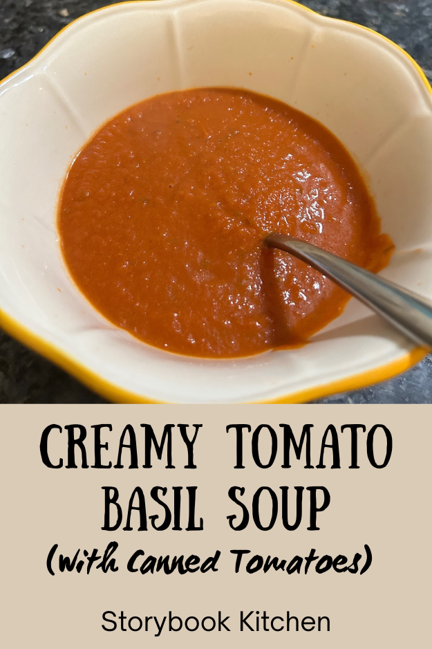tomato basil soup in bowl; pinterest pin