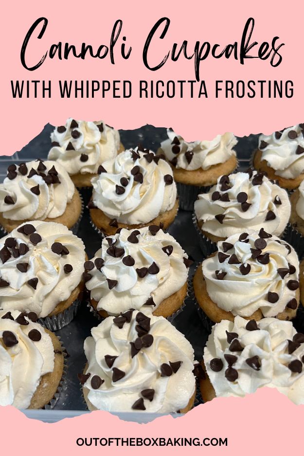 cannoli cupcakes in rows with whipped cream frosting a mini chocolate chips (pin for pinterest)