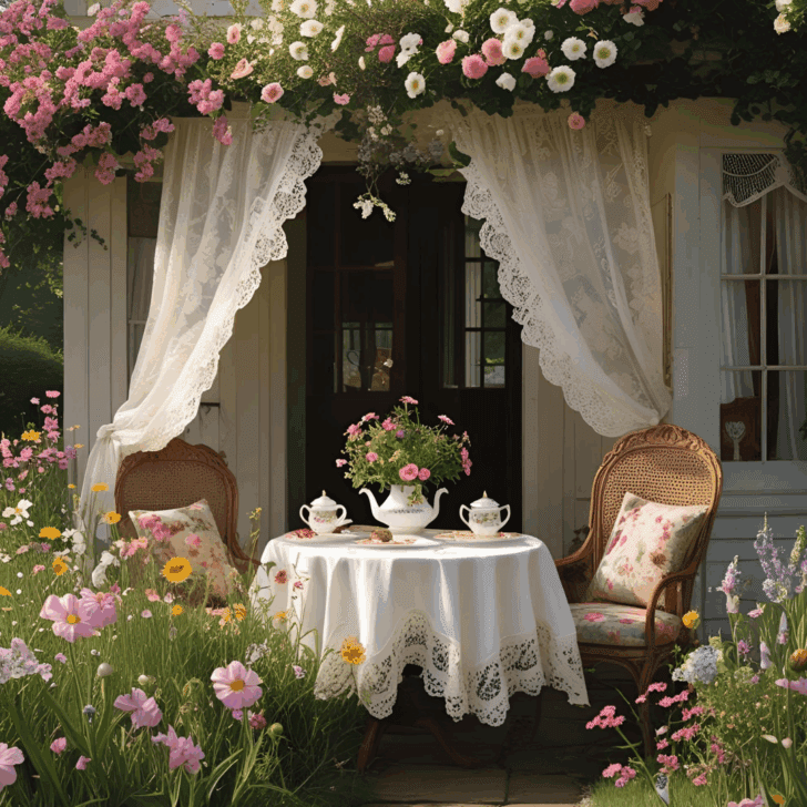 outdoor tea party scene with a garden of flowers