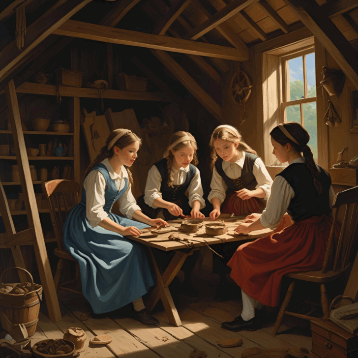 Four girls in an attic crafting — Four young women in long dresses and aprons work together at a wooden table under attic rafters, sunlight streaming through a window.