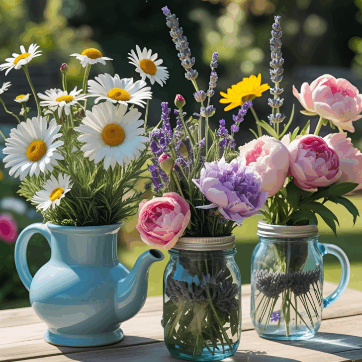 mason jars with flowers inside on a wooden table