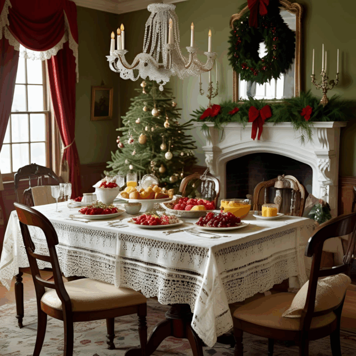 Victorian Christmas breakfast table — A lace-covered table set with bread, rolls, fruit, and juice, surrounded by wooden chairs, in a warmly lit room decorated with red curtains, wreaths, garland, and a Christmas tree.