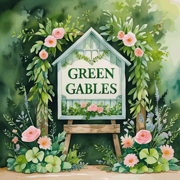 "Green Gables" sign on easel in garden
