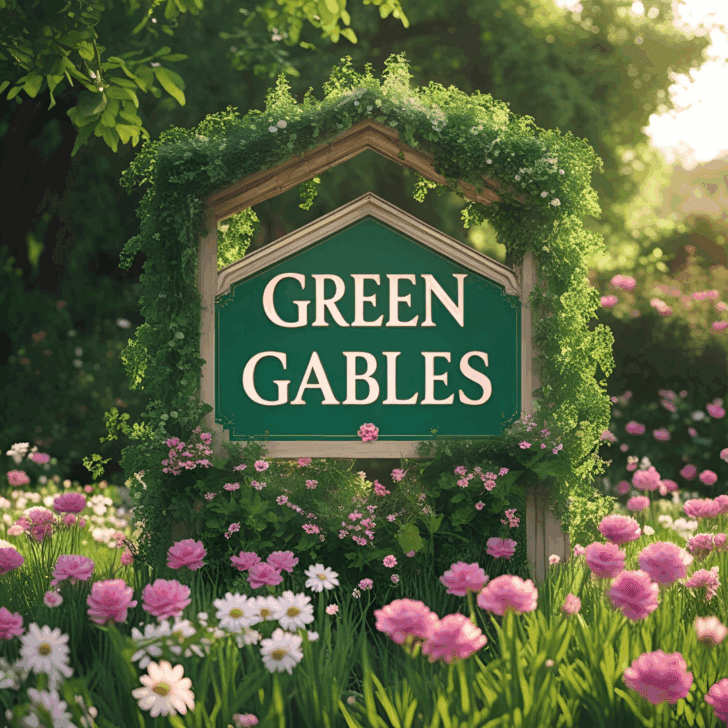 garden scene with green sign reading "Green Gables" surrounded by pink flowers