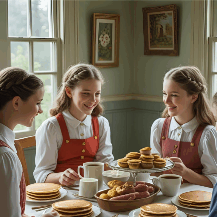 Three girls at breakfast table — Three young women in red pinafores and white blouses smile while seated at a table with pancakes, muffins, sausages, and coffee.