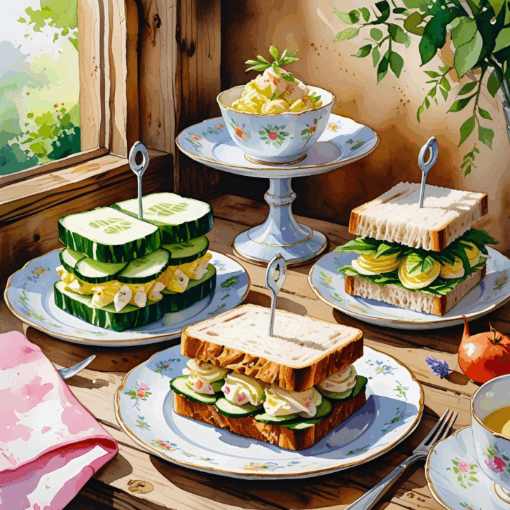 tea party foods, cartoon-style