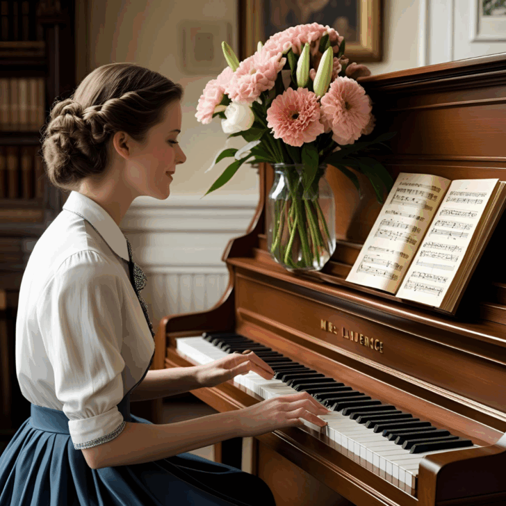 Woman playing piano with flowers — A young woman in a long skirt and blouse plays an upright piano topped with a vase of pink and white flowers.