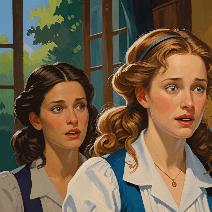 Two concerned young women — Two women in 19th-century attire stand indoors, one looking alarmed, the other watching with concern, sunlight behind them.