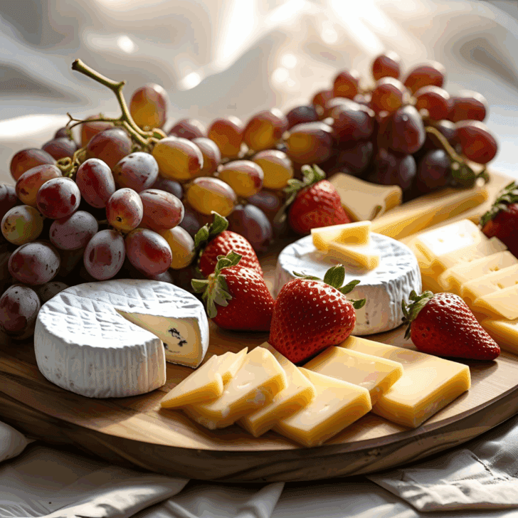 grapes, cheese, and strawberries on a wooden platter