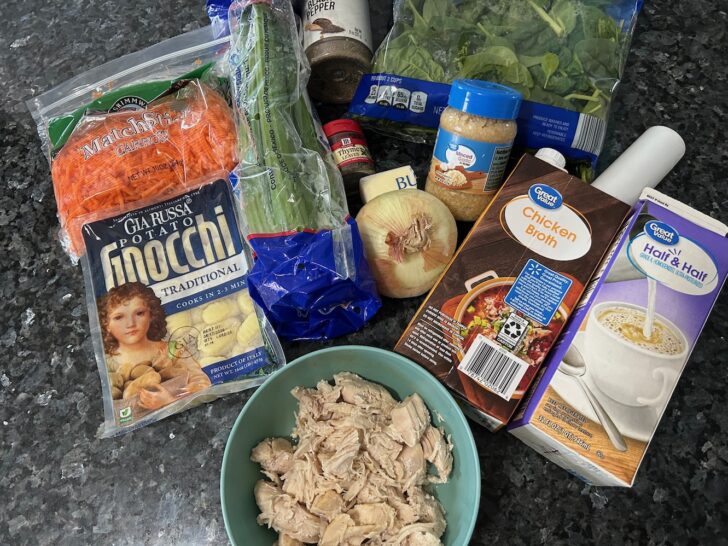 chicken and gnocchi ingredients on granite countertop