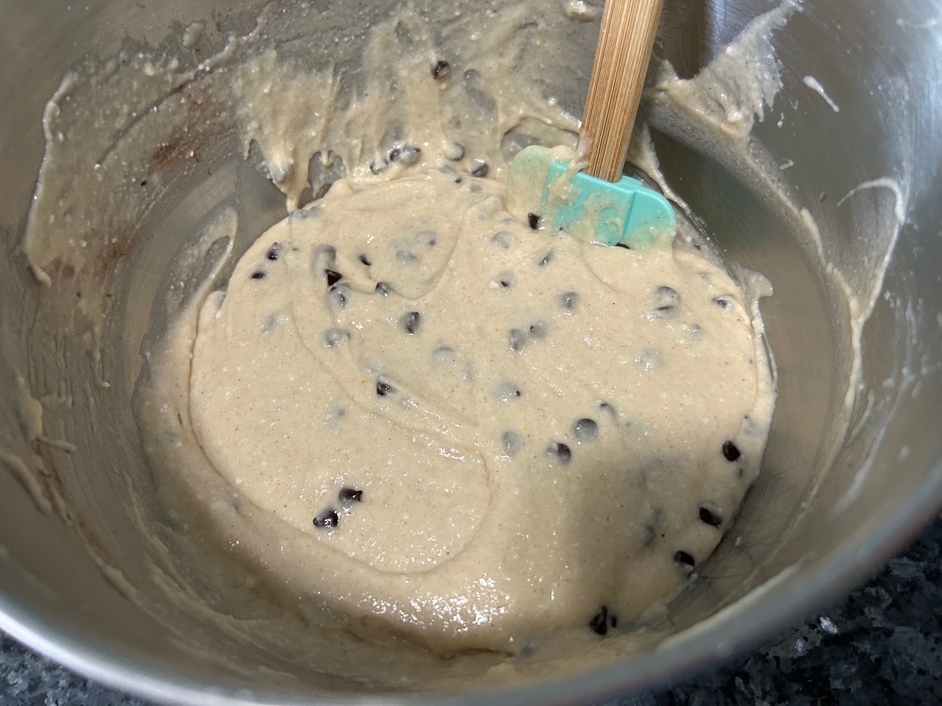 cake batter with chocolate chips inside