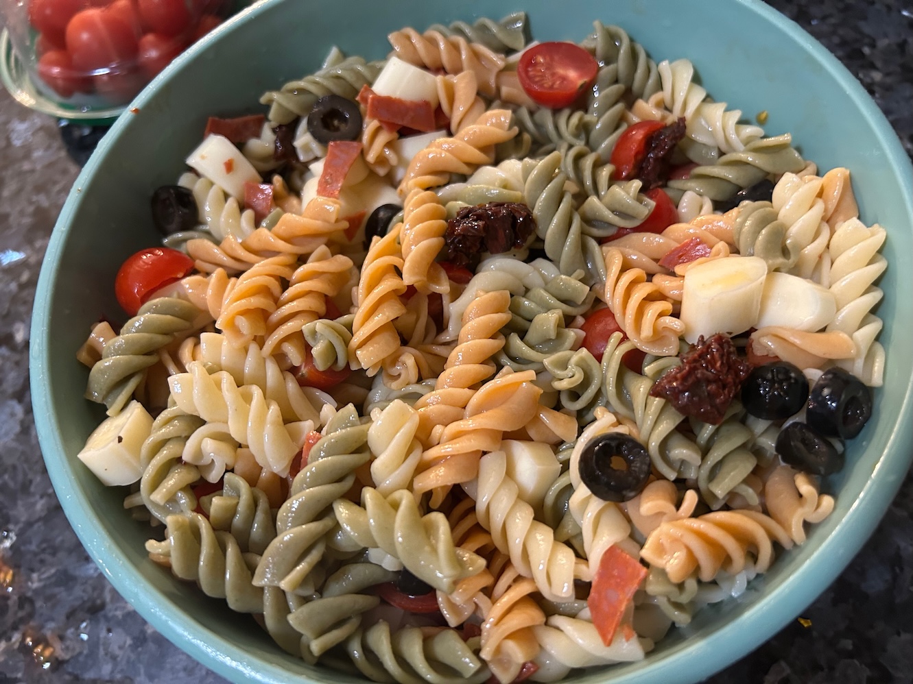 pasta salad, all ingredients added except dressing