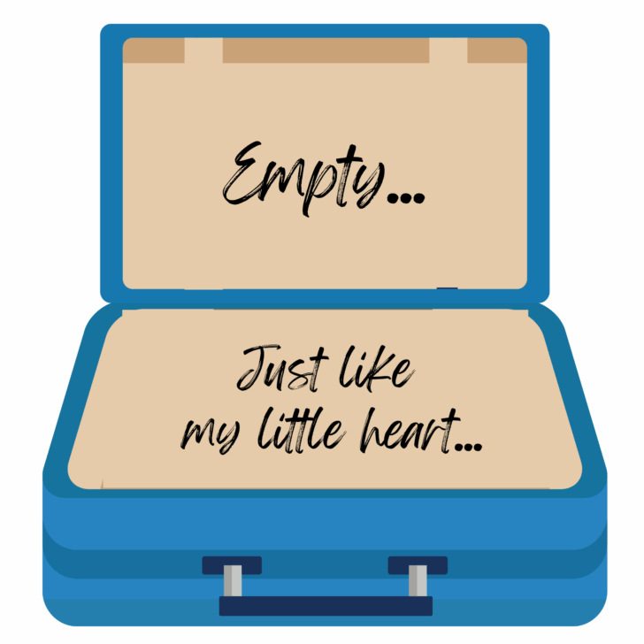 open suitcase with the words "Empty...Just like my little heart."