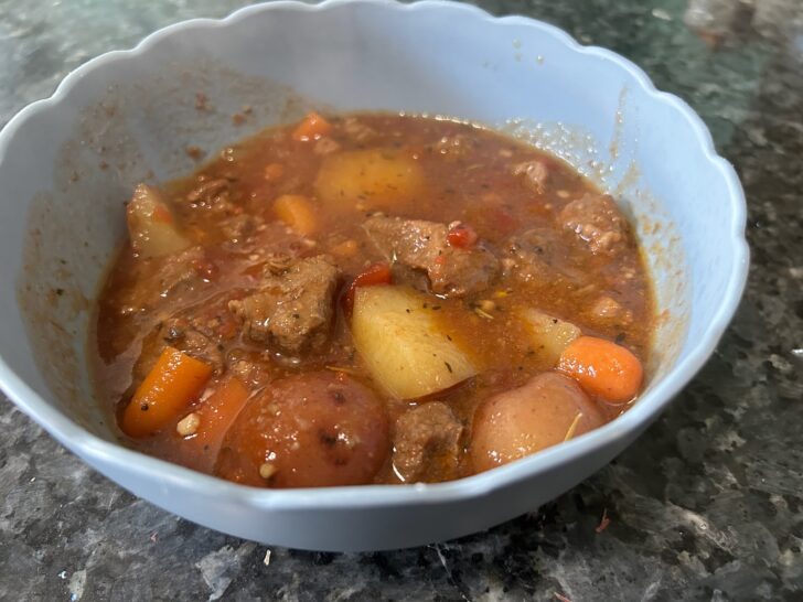 Hearty Rustic Italian Beef Stew in blue bowl