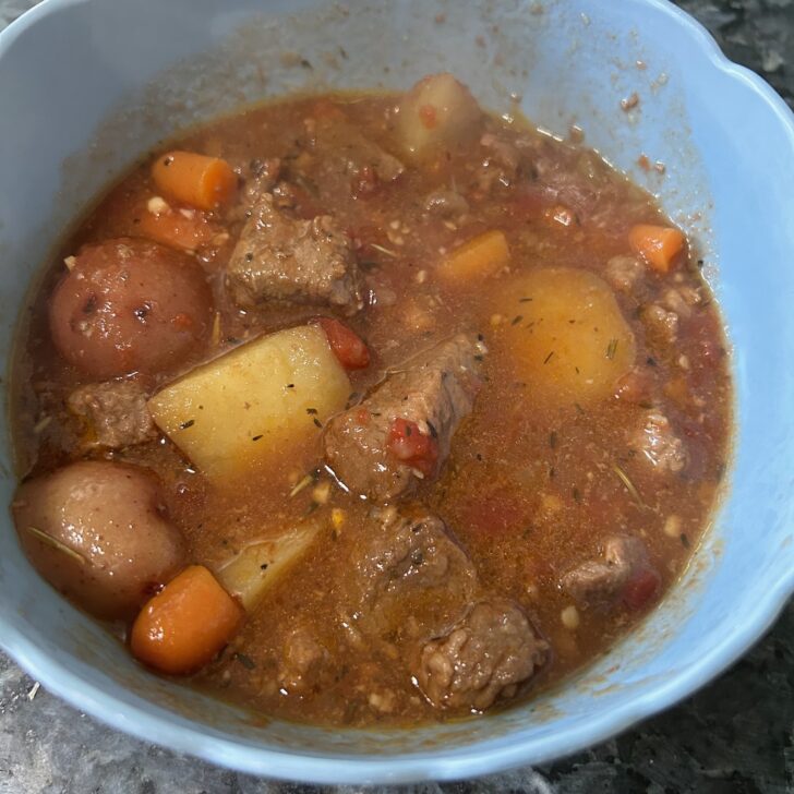 Hearty Rustic Italian Beef Stew in blue bowl