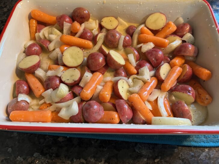 veggies in pan ready to go in oven
