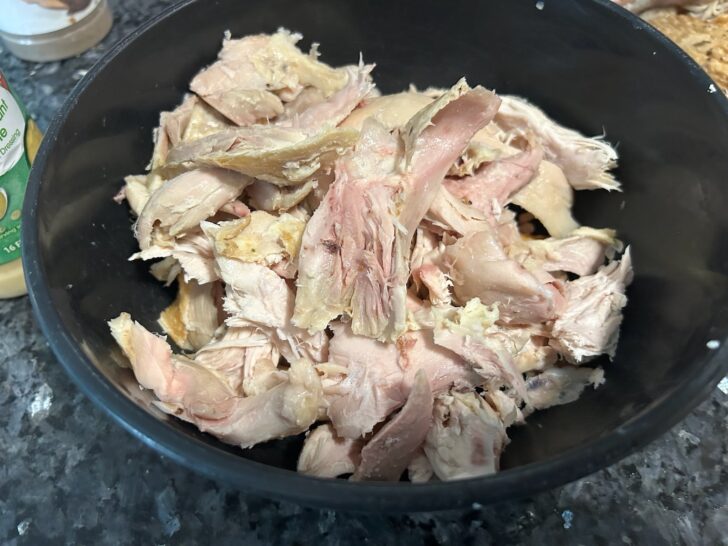 deboned rotisserie chicken in bowl