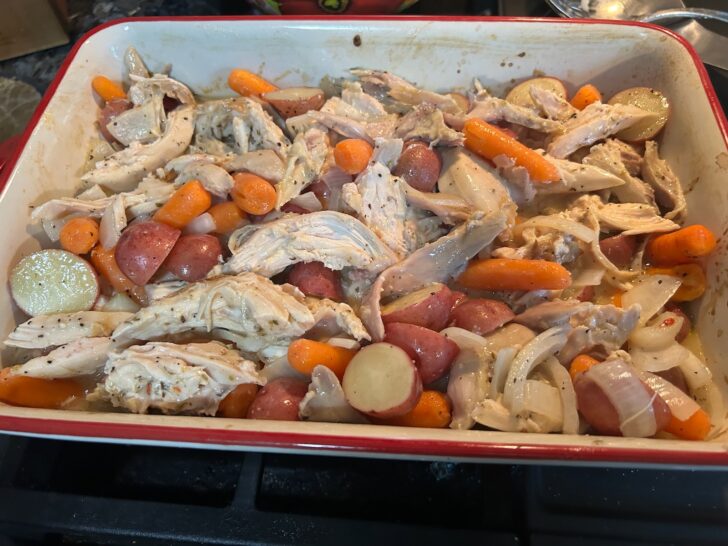 Tuscan Roasted Chicken and Veggies in casserole dish