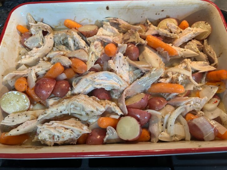 Tuscan Roasted Chicken and Veggies in casserole dish