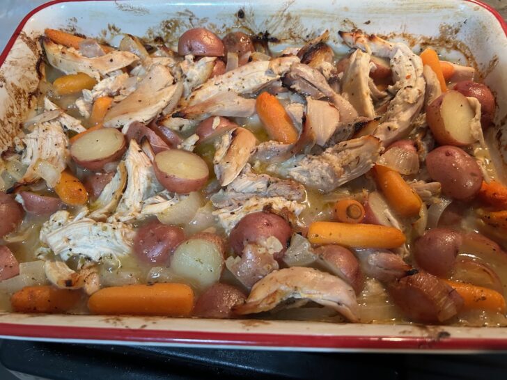 Tuscan Roasted Chicken and Veggies in casserole dish