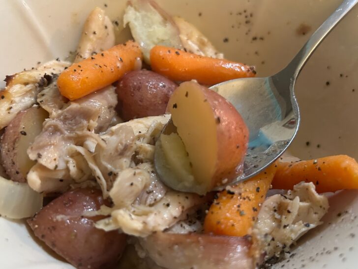 Tuscan Roasted Chicken and Veggies in bowl ready to eat