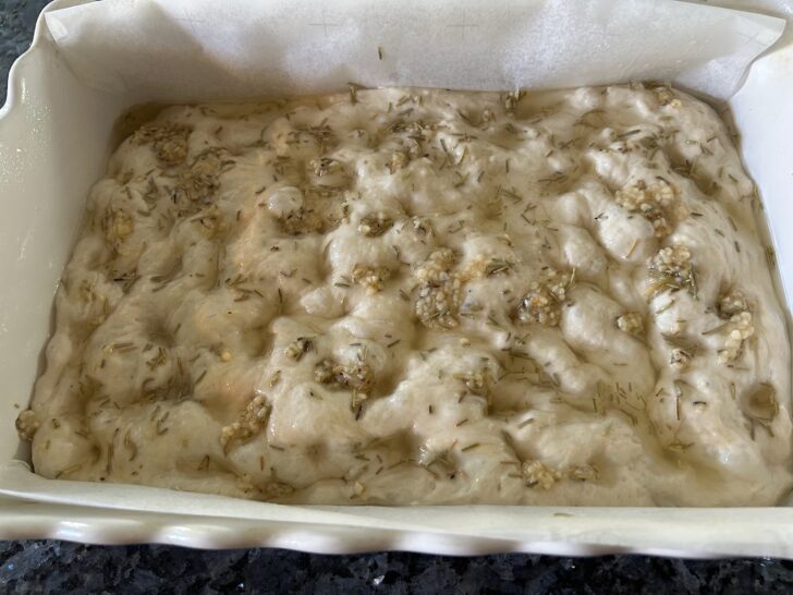 Rosemary Garlic Focaccia dough in dish