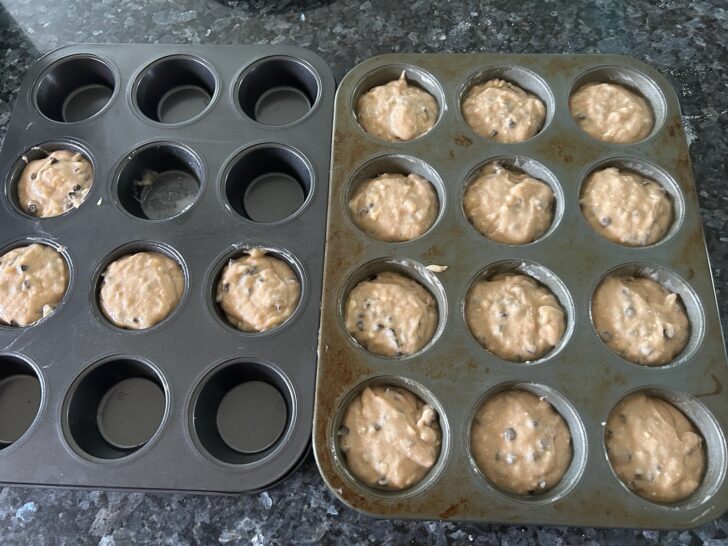 cannoli banana bread batter in muffin tin